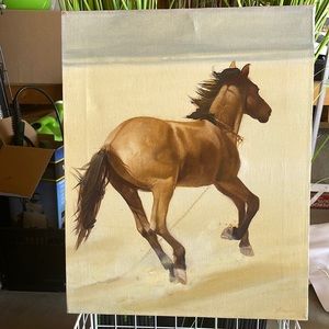 16” x 20” Unframed Horse Painting Canvas, “Frolic”, artist’s name not legible.